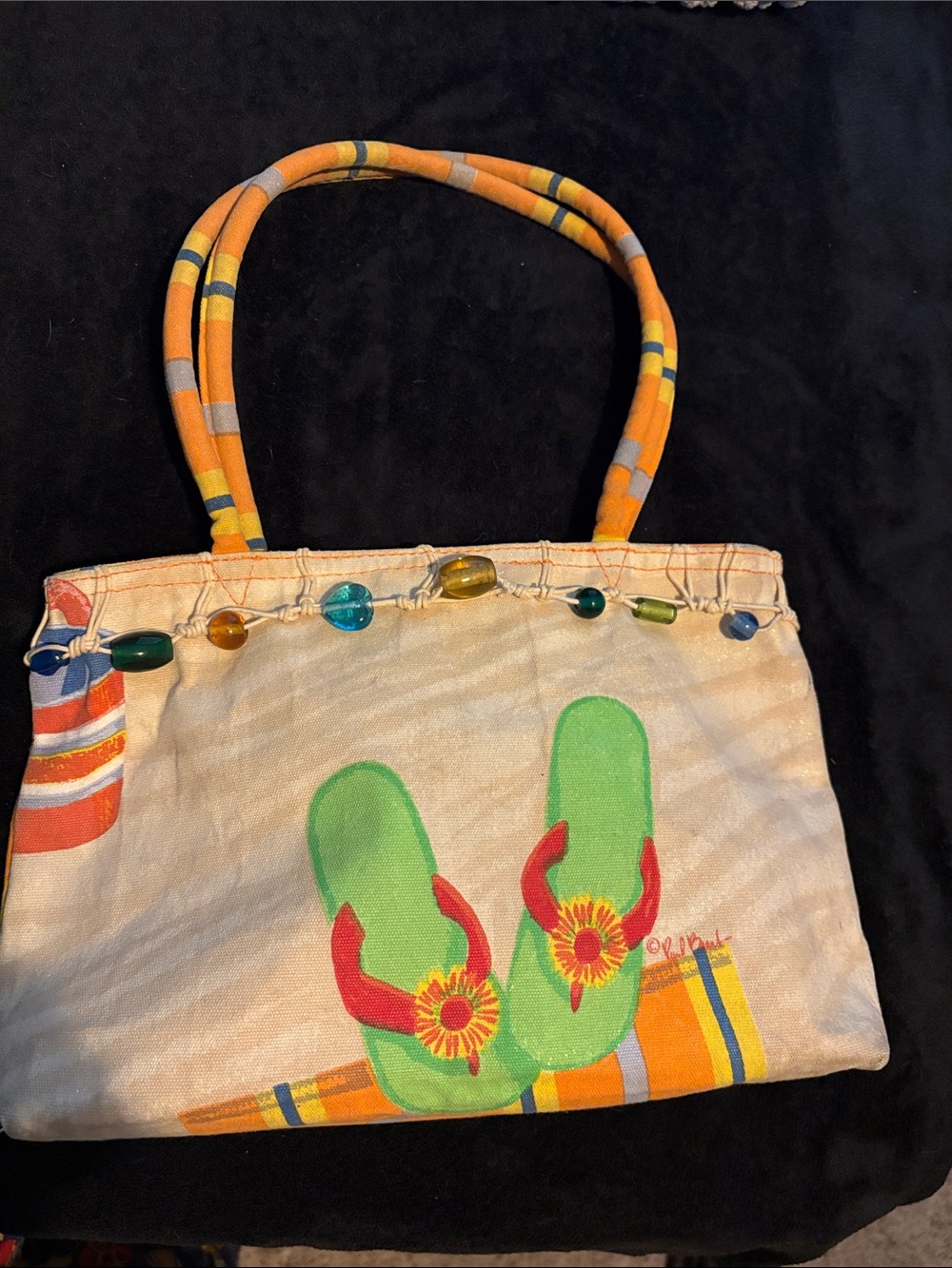 Summer Canvas Purse with Green Flip-Flop Print and Orange Handles